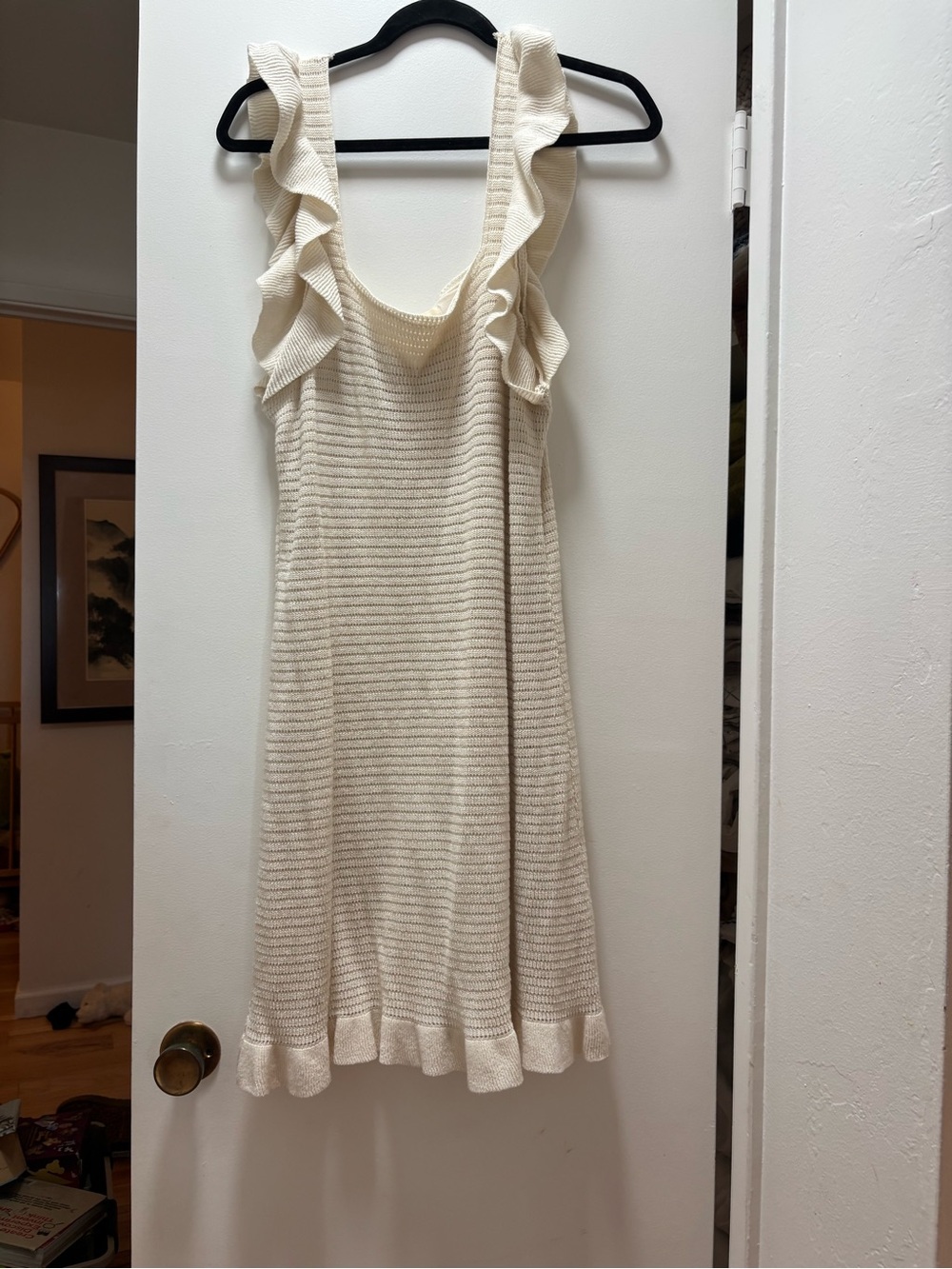 Anthropologie Cream Ruffle-Shoulder Knit Midi Dress
